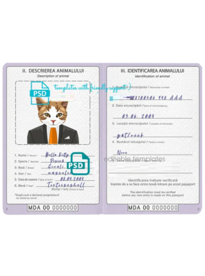 Moldova cat (animal, pet) passport PSD template, completely editable