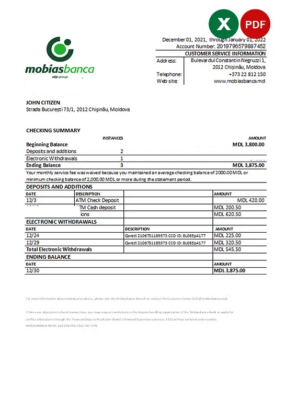 Moldova Mobiasbanca bank statement Excel and PDF template