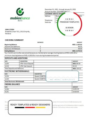 Moldova Mobiasbanca bank statement template in Word and PDF format