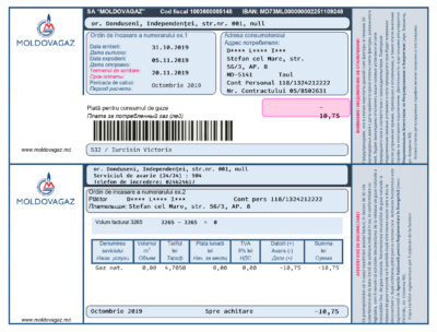 Moldova Moldovagaz utility bill template in Word and PDF format