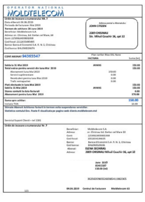 Moldova Moldtelecom utility bill template in Word and PDF format, fully editable