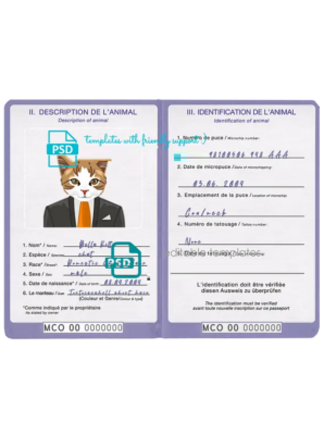 Monaco cat (animal, pet) passport PSD template, fully editable