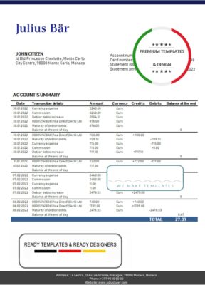 Monaco Julius Bar bank statement easy to fill template in Word and PDF format