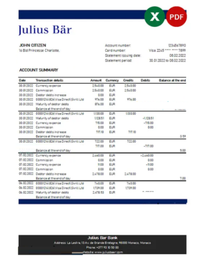 Monaco Julius Bar bank statement Excel and PDF template