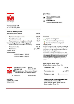 Monaco SMEG electricity utility bill template in Word and PDF format