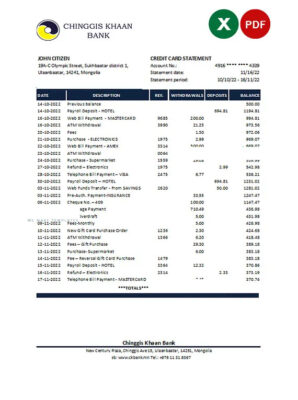 Mongolia Chinggis Khaan bank Excel and PDF template