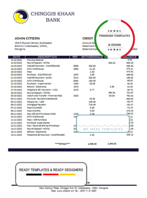 Mongolia Chinggis Khaan bank statement template in Word and PDF format