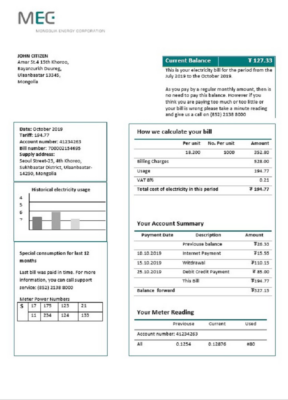 Mongolia Energy Corporation (MEC) electricity utility bill template in Word and PDF format