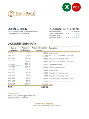 Mongolia Transbank bank statement Excel and PDF template