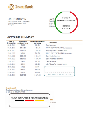 Mongolia Transbank bank statement template in Word and PDF format