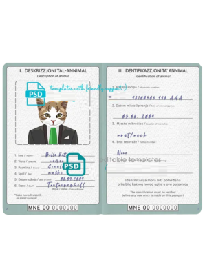 Montenegro cat (animal, pet) passport PSD template, fully editable