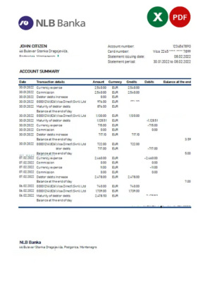 Montenegro NLB bank statement Excel and PDF templatev