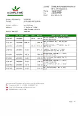 Morocco Credit Agricole Bank statement template in Excel and PDF format