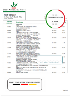 Morocco Credit Agricole bank statement template in Word and PDF format