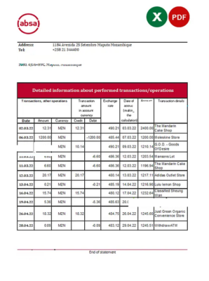 Mozambique ABSA bank statement Excel and PDF template