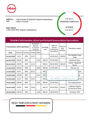 Mozambique ABSA bank statement template in Word and PDF format