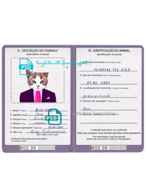 Mozambique cat (animal, pet) passport PSD template, fully editable