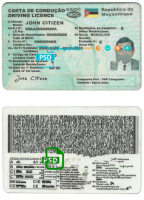 Mozambique driving license template in PSD format, fully editable