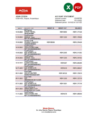 Mozambique Moza bank statement Excel and PDF template