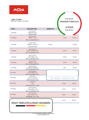 Mozambique Moza bank statement template in Word and PDF format