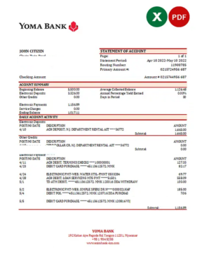 Myanmar Yoma bank statement Excel and PDF template