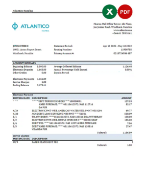 Namibia Atlantico bank statement Excel and PDF template