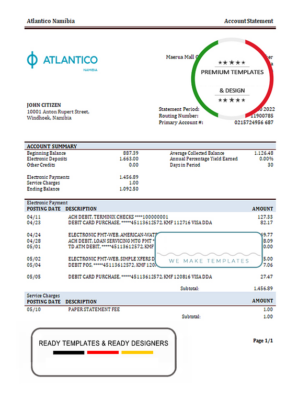 Namibia Atlantico bank statement template in Word and PDF format