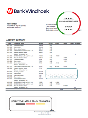 Namibia Bank Windhoek bank statement template in Word and PDF format