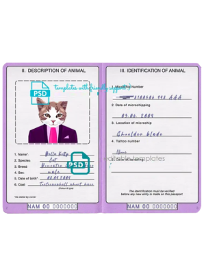 Namibia cat (animal, pet) passport PSD template, fully editable