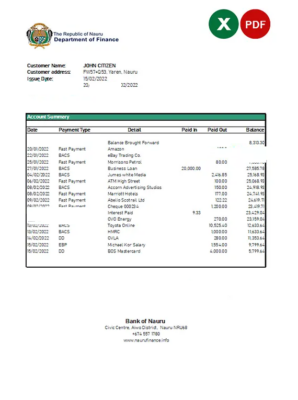 Nauru Bank of Nauru bank statement Excel and PDF template