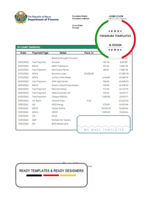 Nauru Bank of Nauru bank statement template in Word and PDF format