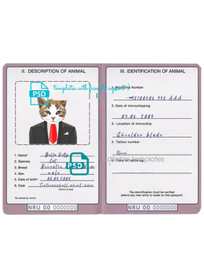 Nauru cat (animal, pet) passport PSD template, fully editable