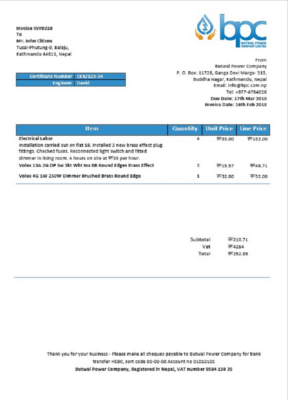 Nepal Butwal Power Company Limited electricity utility bill template in Word and PDF format