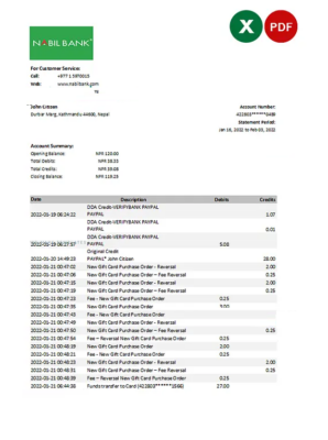 Nepal Nabil bank statement Excel and PDF template