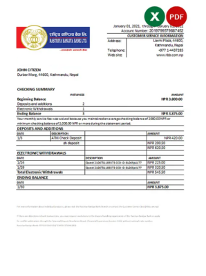 Nepal Rastriya Banijya bank statement Excel and PDF template