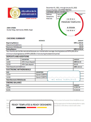 Nepal Rastriya Banijya bank statement template in Word and PDF format