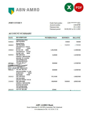 Netherlands ABN AMRO bank statement Excel and PDF template