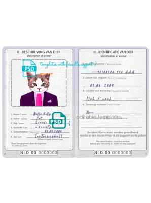 Netherlands cat (animal, pet) passport PSD template, fully editable