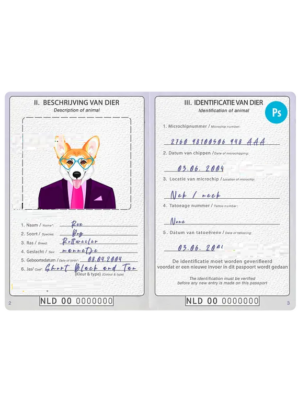 Netherlands dog (animal, pet) passport PSD template, fully editable