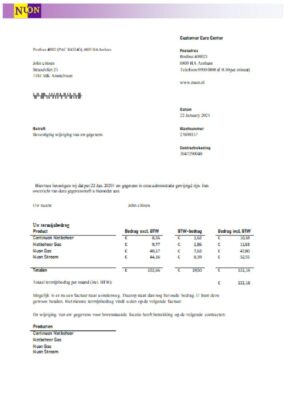 Netherlands NUON gas utility bill template in Word and PDF format in Dutch language