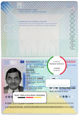 Netherlands passport template in PSD format, fully editable, with all fonts (2014 – present)