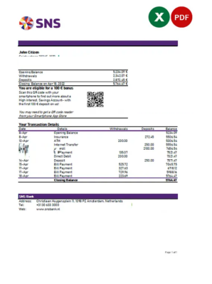 Netherlands SNS bank statement Excel and PDF template