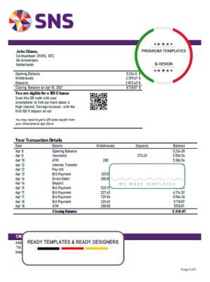 Netherlands SNS bank statement template in Word and PDF format