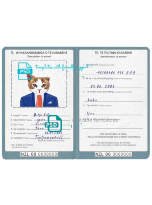 New Zealand cat (animal, pet) passport PSD template, fully editable