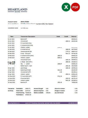 New Zealand Heartland bank statement Excel and PDF template