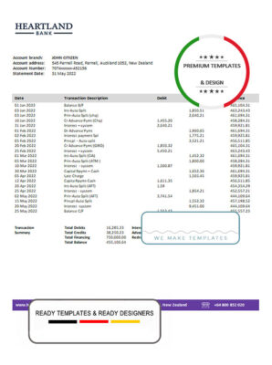 New Zealand Heartland bank statement template in Word and PDF format