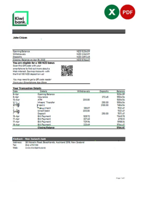 New Zealand Kiwibank bank statement Excel and PDF template