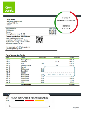 New Zealand Kiwibank bank statement template in Word and PDF format