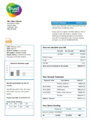 New Zealand Trustpower utility bill template in Word and PDF format