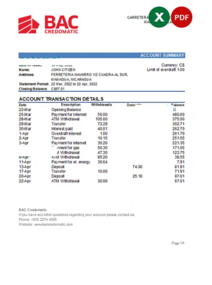 Nicaragua BAC Credomatic bank statement Excel and PDF template